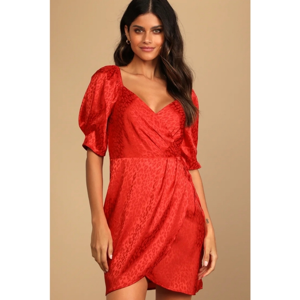 Lulus Spectacular Sights Red Leopard Print Satin Wrap Mini Dress M
